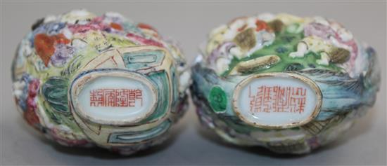 Two Chinese moulded famille rose snuff bottles, 1820-50, 7.5 and 7.8cm, Richards no.s 46 and 454